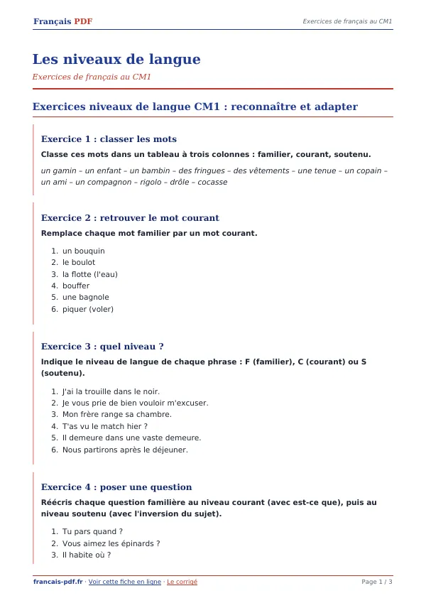 Exercices « Les niveaux de langue » en PDF