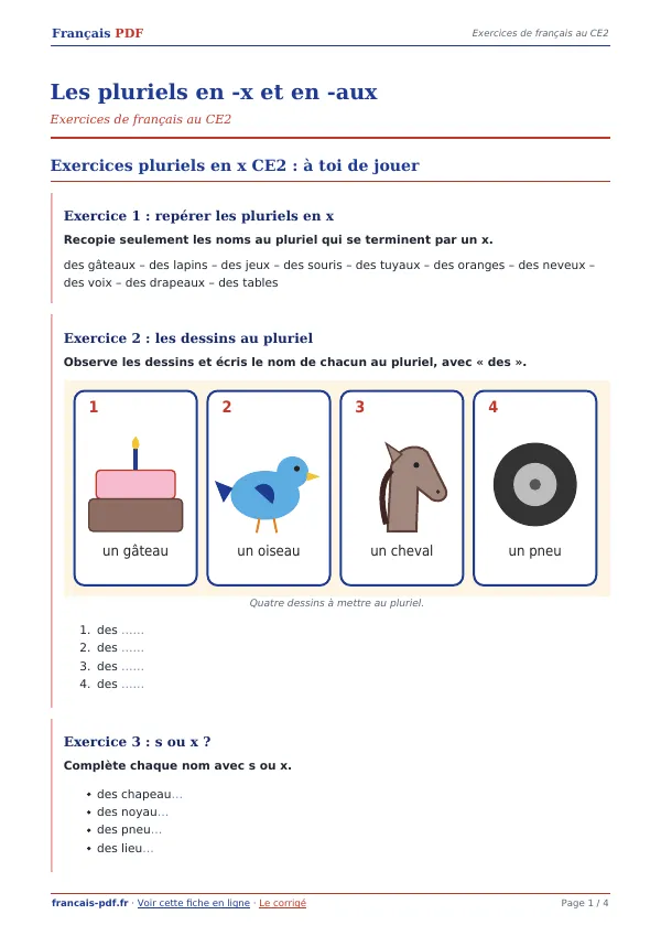 Exercices « Les pluriels en -x et en -aux » en PDF