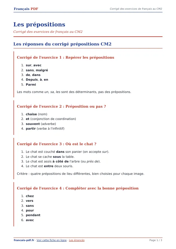Corrigé « Les prépositions » en PDF