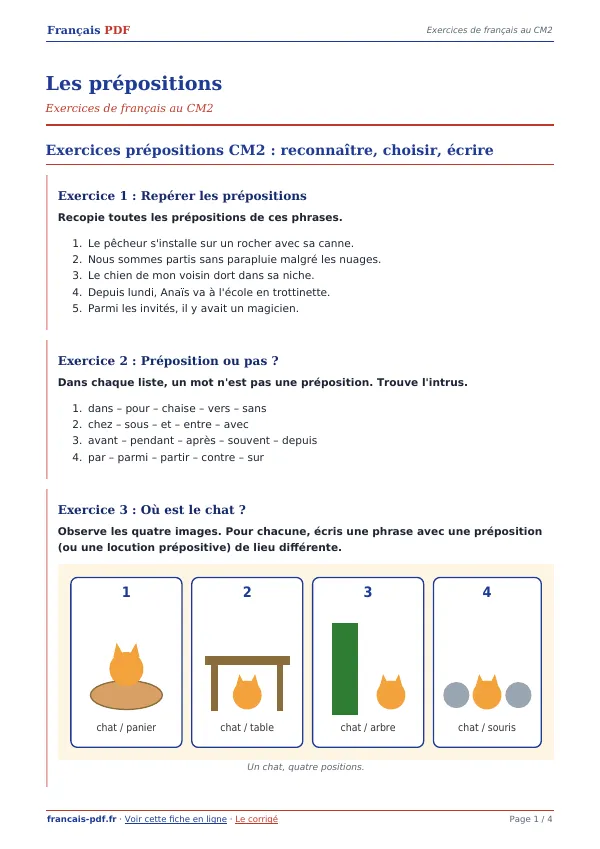 Exercices « Les prépositions » en PDF