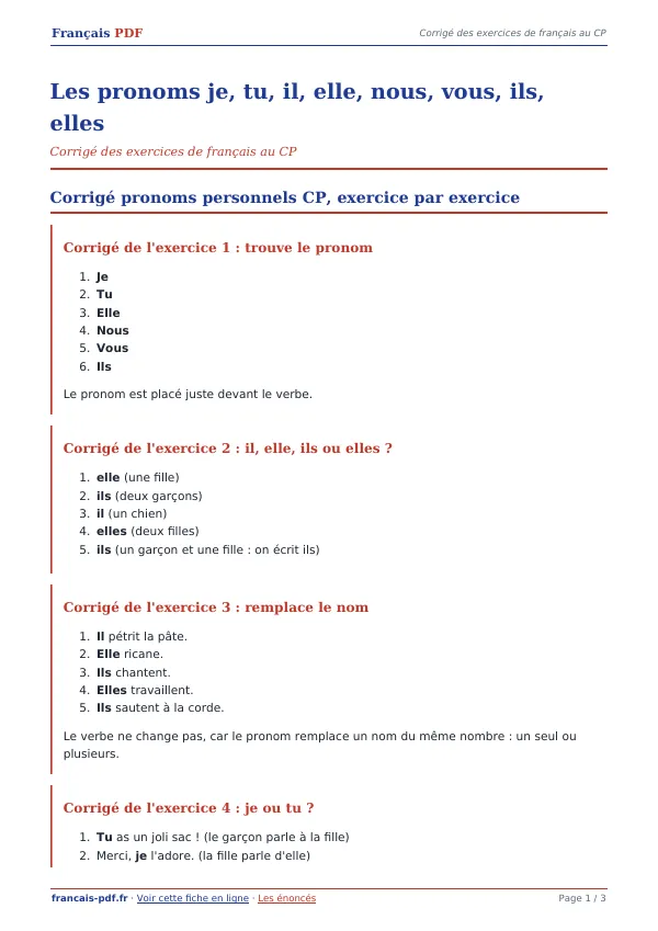 Corrigé « Les pronoms je, tu, il, elle, nous, vous, ils, elles » en PDF