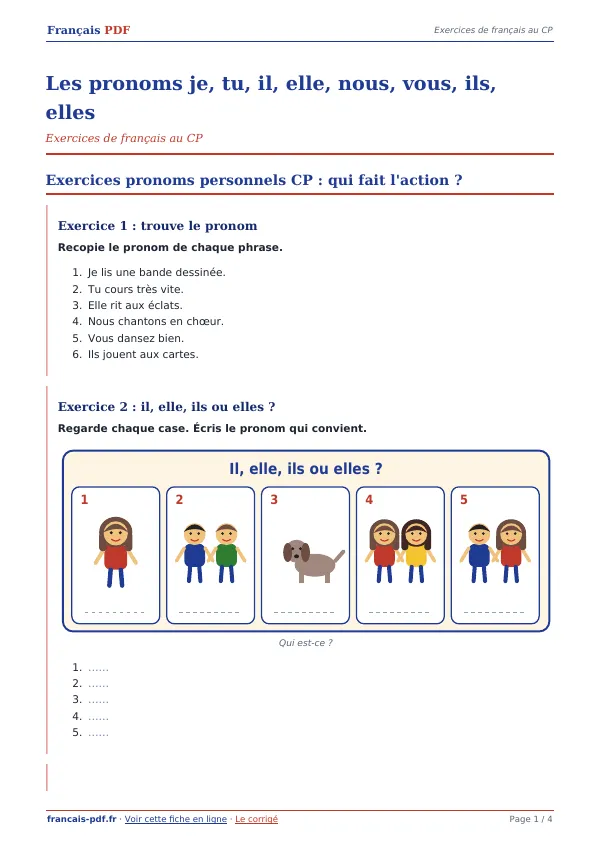 Exercices « Les pronoms je, tu, il, elle, nous, vous, ils, elles » en PDF