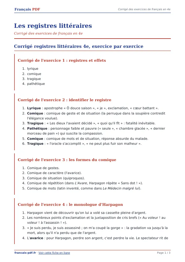 Corrigé « Les registres littéraires » en PDF
