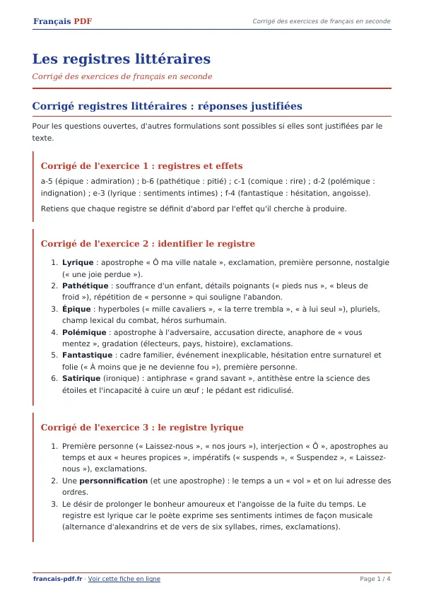 Corrigé « Les registres littéraires » en PDF