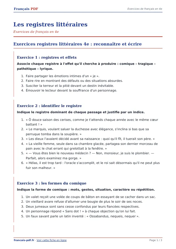 Exercices « Les registres littéraires » en PDF