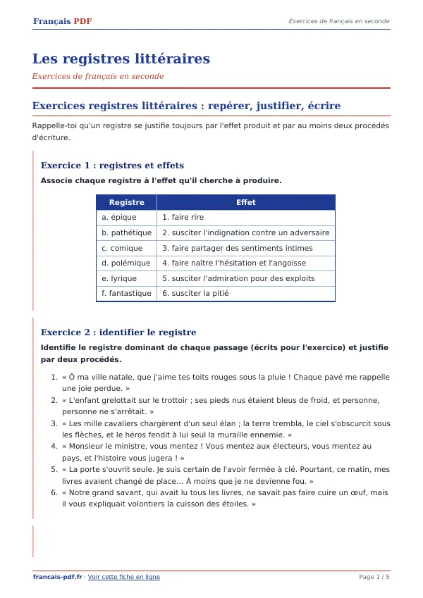 Exercices « Les registres littéraires » en PDF