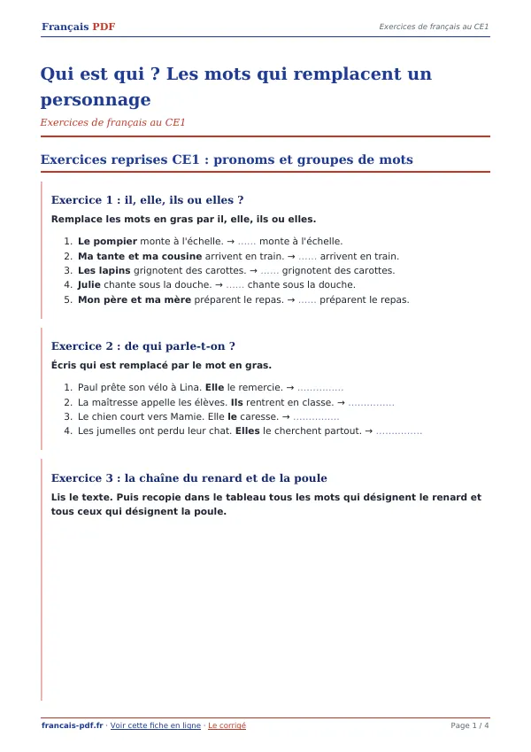 Exercices « Qui est qui ? Les mots qui remplacent un personnage » en PDF