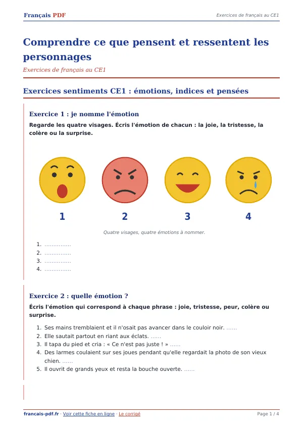 Exercices « Comprendre ce que pensent et ressentent les personnages » en PDF