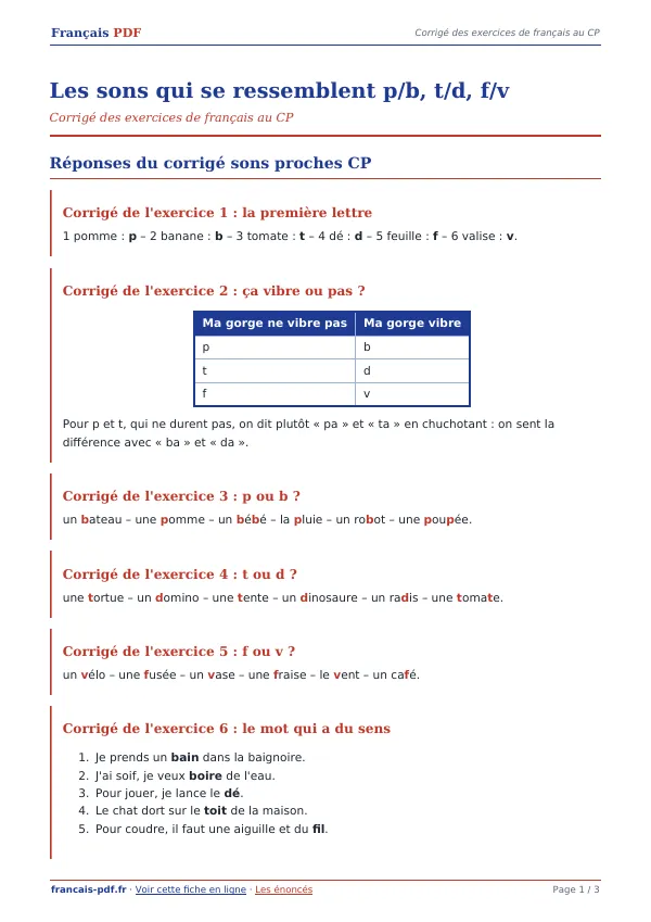 Corrigé « Les sons qui se ressemblent p/b, t/d, f/v » en PDF