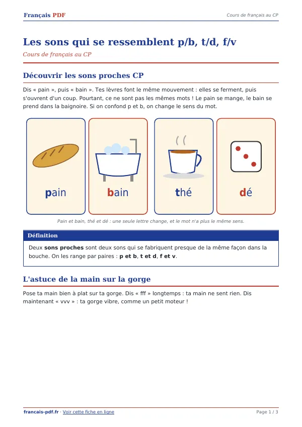 Cours « Les sons qui se ressemblent p/b, t/d, f/v » en PDF