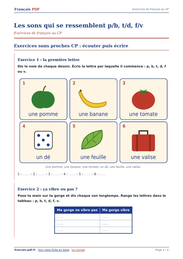 Exercices « Les sons qui se ressemblent p/b, t/d, f/v » en PDF