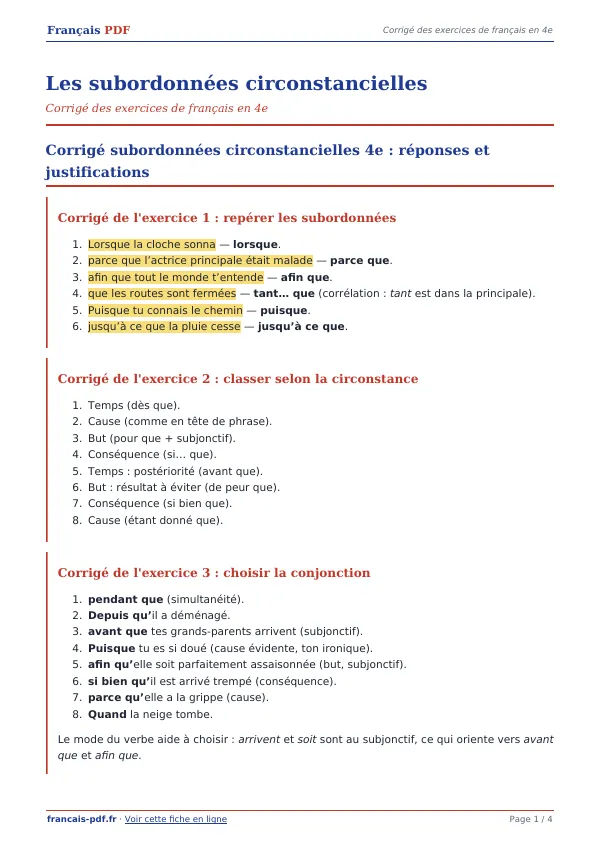 Corrigé « Les subordonnées circonstancielles » en PDF