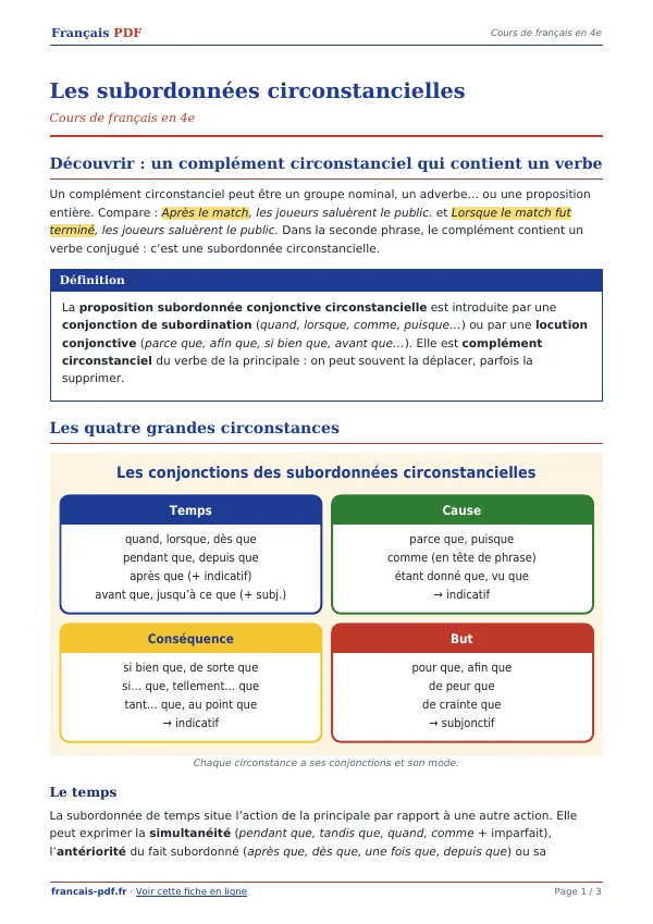 Cours « Les subordonnées circonstancielles » en PDF