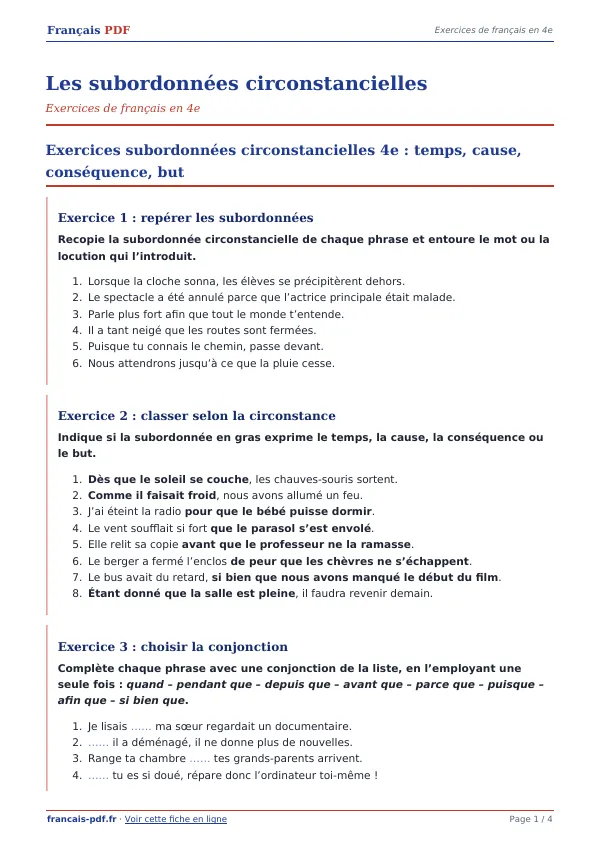 Exercices « Les subordonnées circonstancielles » en PDF