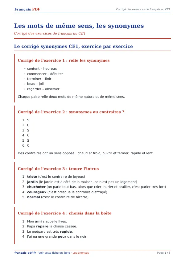 Corrigé « Les mots de même sens, les synonymes » en PDF