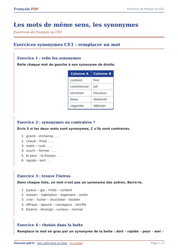Exercices « Les mots de même sens, les synonymes » en PDF