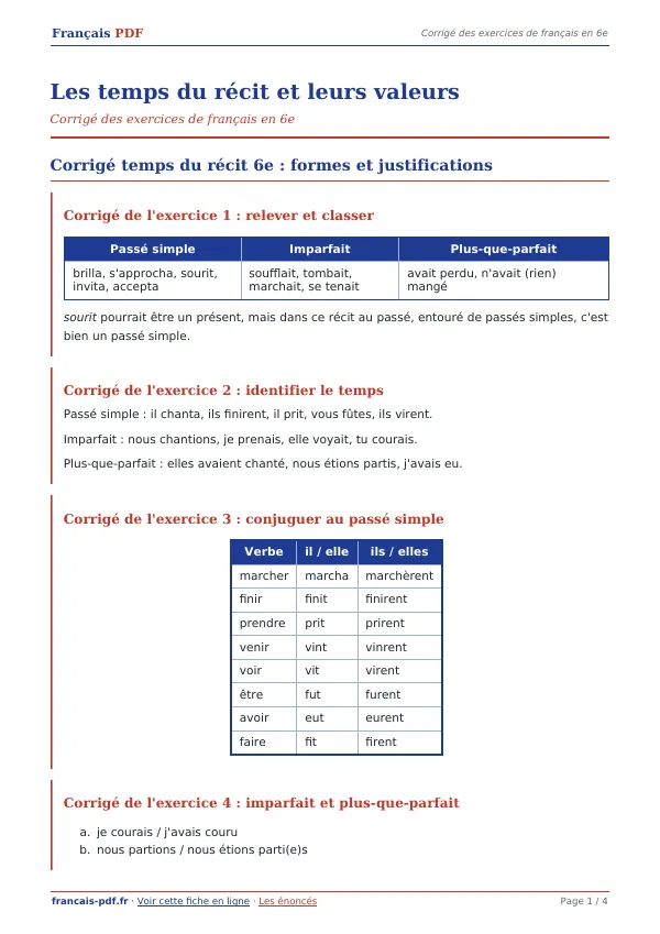 Corrigé « Les temps du récit et leurs valeurs » en PDF