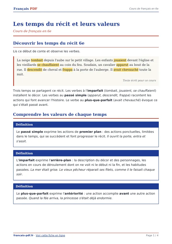 Cours « Les temps du récit et leurs valeurs » en PDF