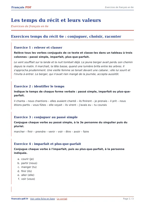 Exercices « Les temps du récit et leurs valeurs » en PDF