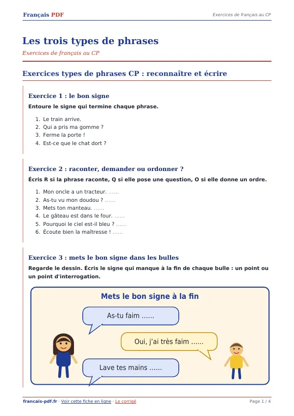 Exercices « Les trois types de phrases » en PDF
