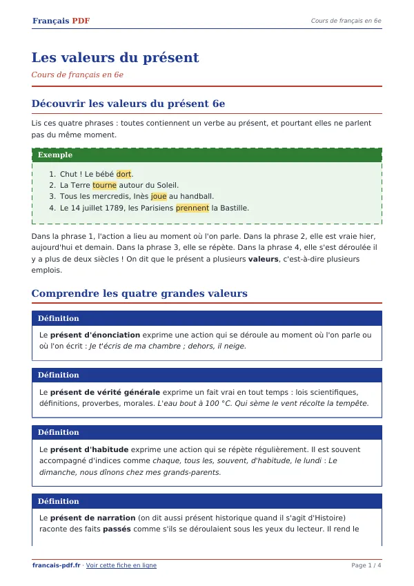 Cours « Les valeurs du présent » en PDF