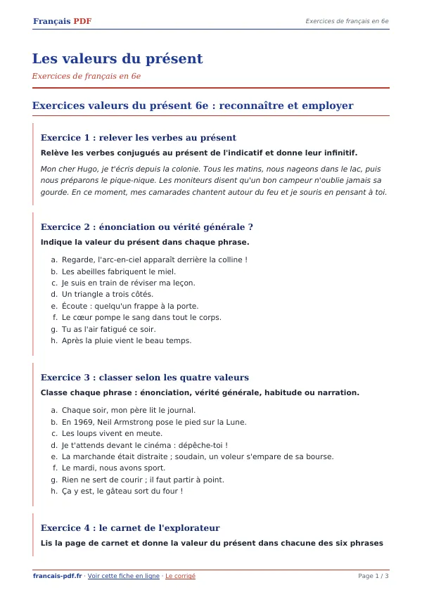 Exercices « Les valeurs du présent » en PDF