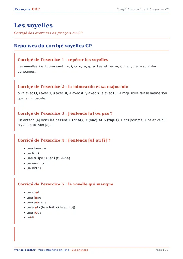 Corrigé « Les voyelles » en PDF