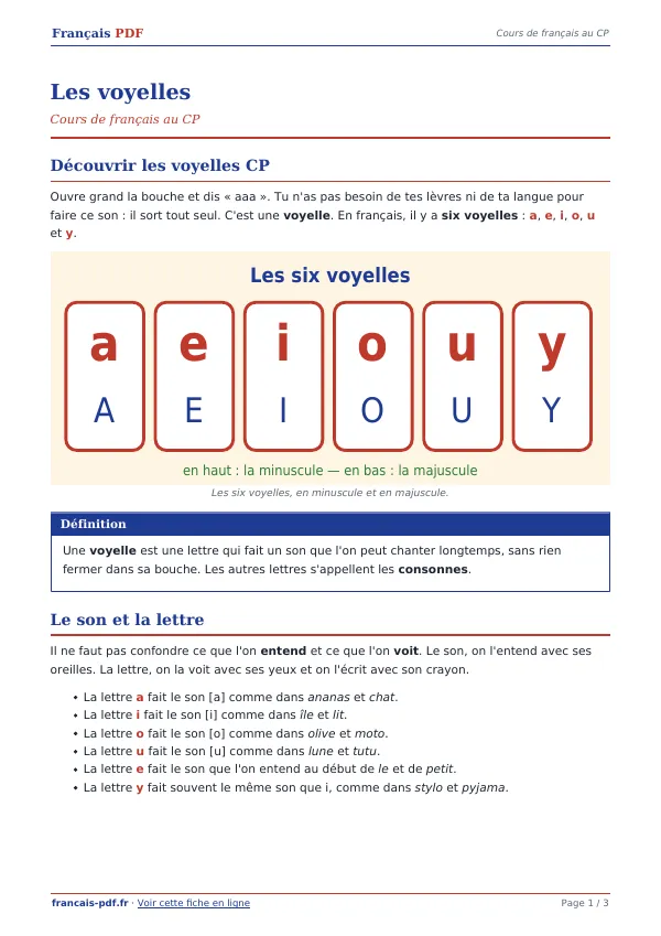 Cours « Les voyelles » en PDF