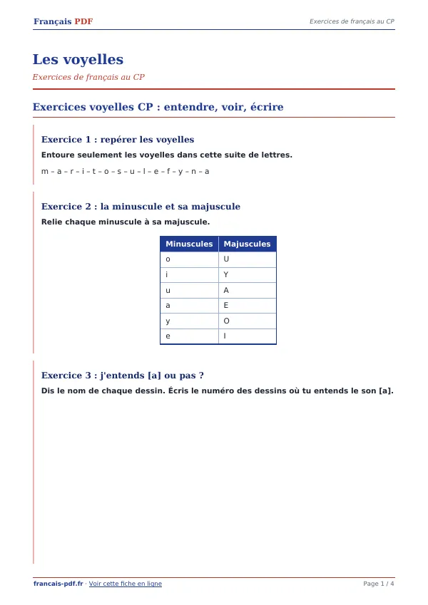 Exercices « Les voyelles » en PDF