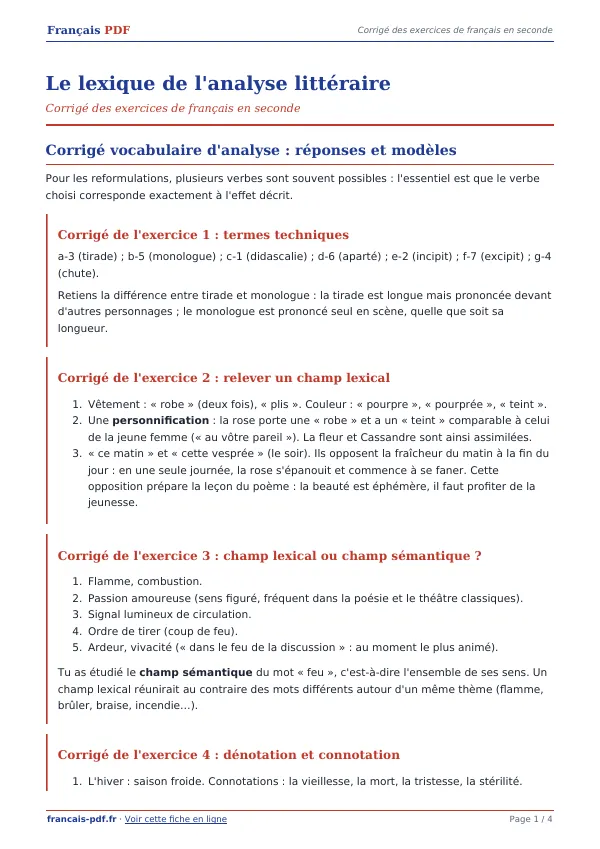 Corrigé « Le lexique de l’analyse littéraire » en PDF