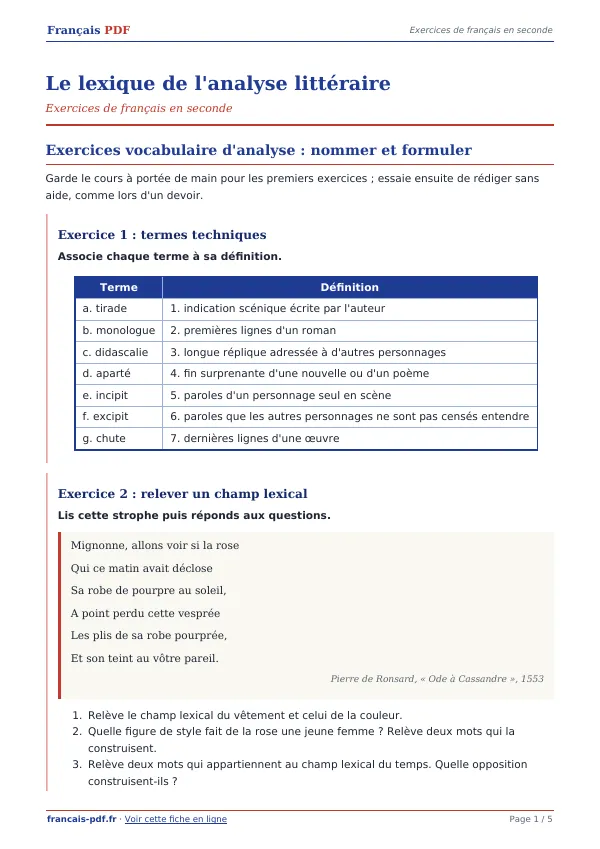 Exercices « Le lexique de l’analyse littéraire » en PDF