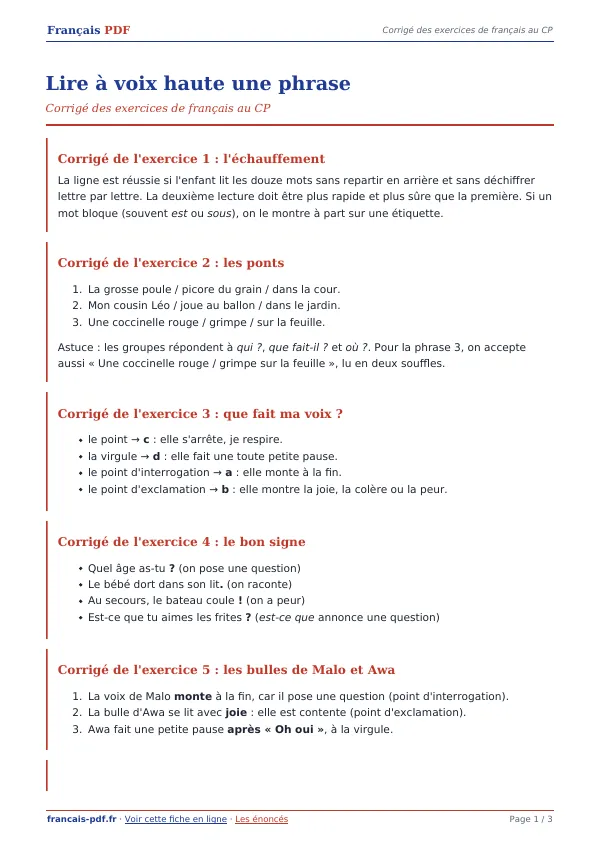 Corrigé « Lire à voix haute une phrase » en PDF