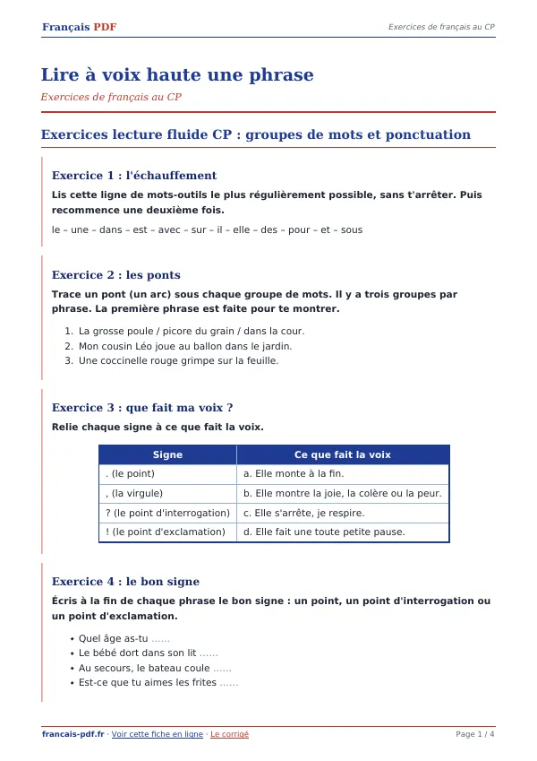 Exercices « Lire à voix haute une phrase » en PDF