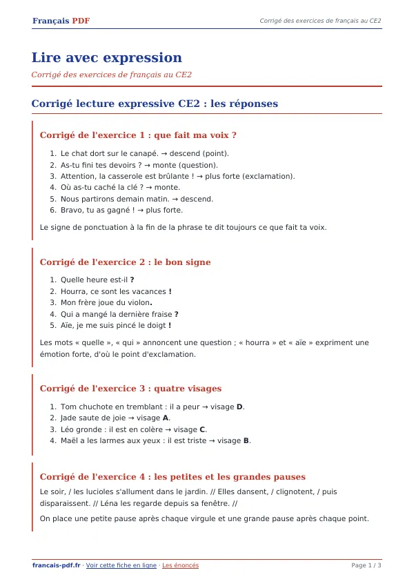 Corrigé « Lire avec expression » en PDF