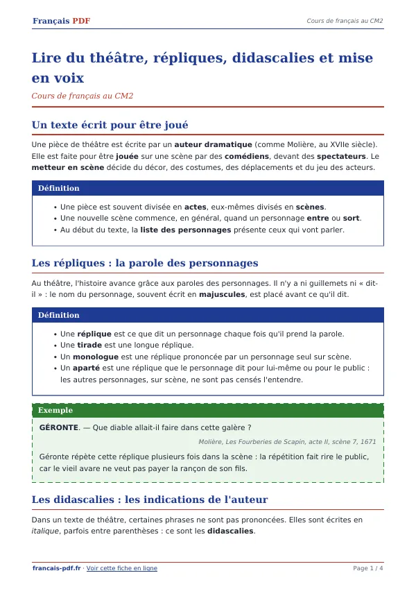 Cours « Lire du théâtre, répliques, didascalies et mise en voix » en PDF