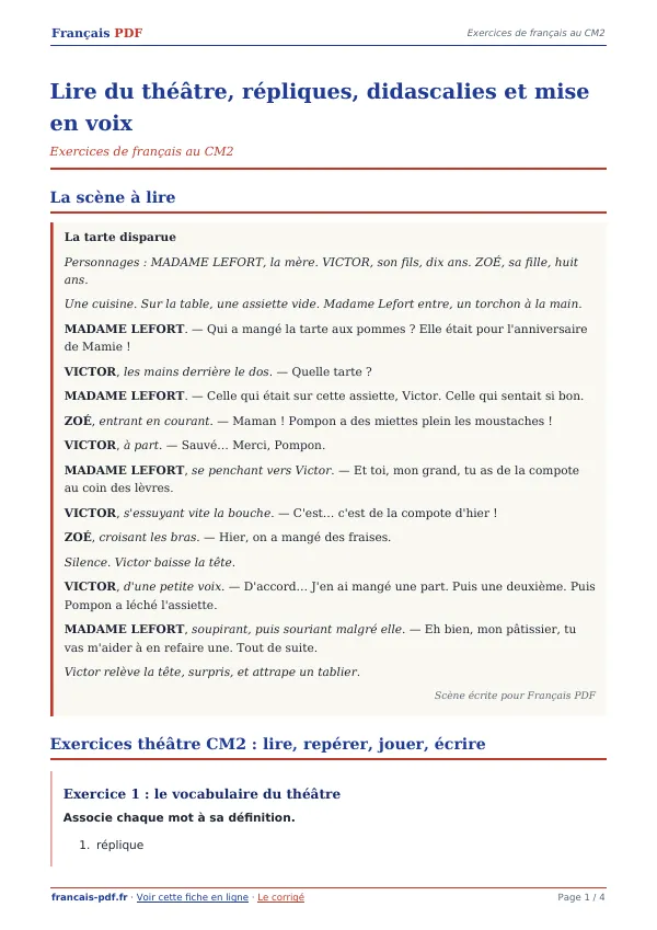 Exercices « Lire du théâtre, répliques, didascalies et mise en voix » en PDF