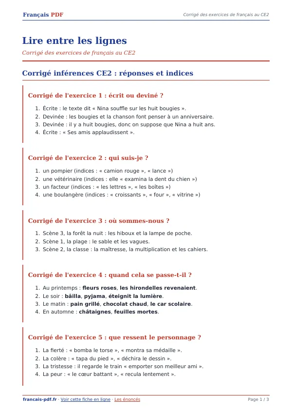Corrigé « Lire entre les lignes » en PDF