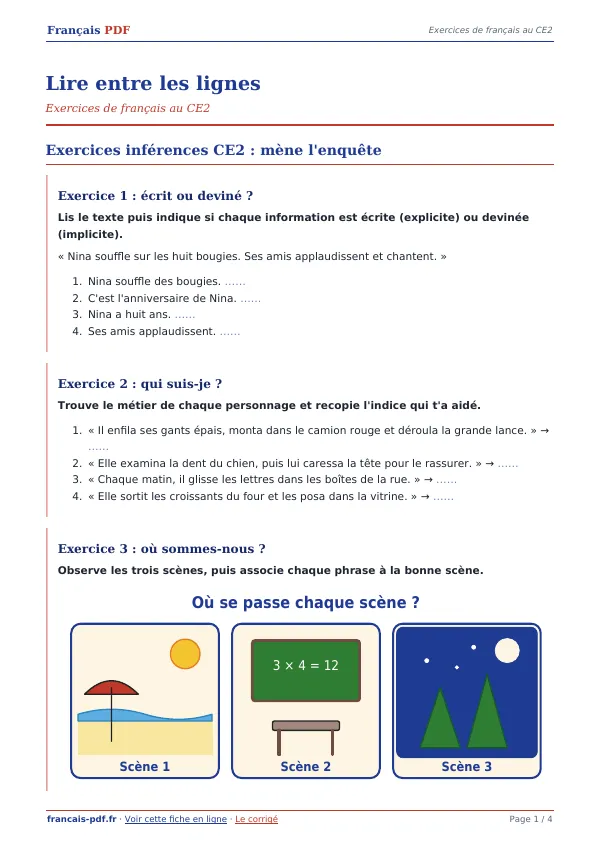 Exercices « Lire entre les lignes » en PDF