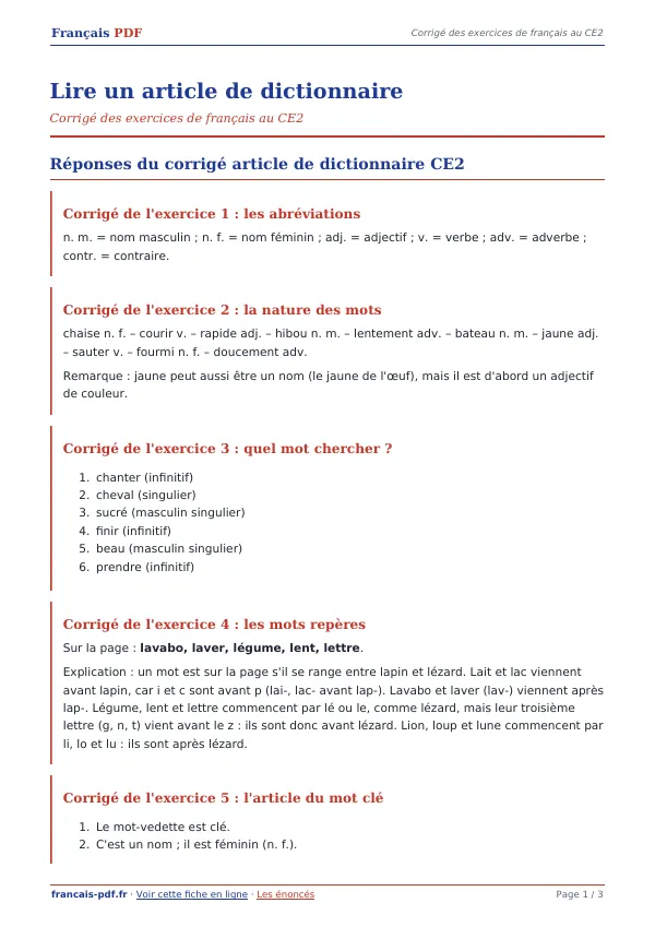 Corrigé « Lire un article de dictionnaire » en PDF