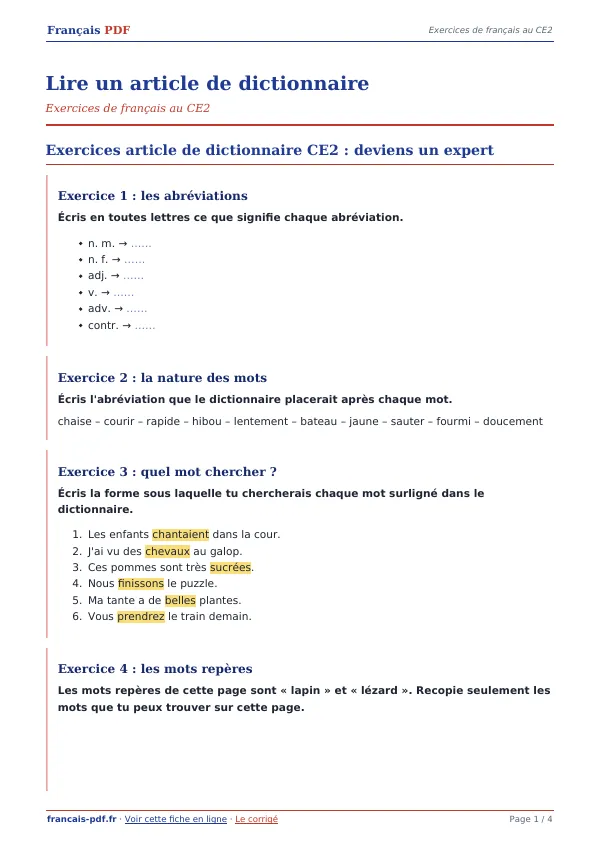 Exercices « Lire un article de dictionnaire » en PDF