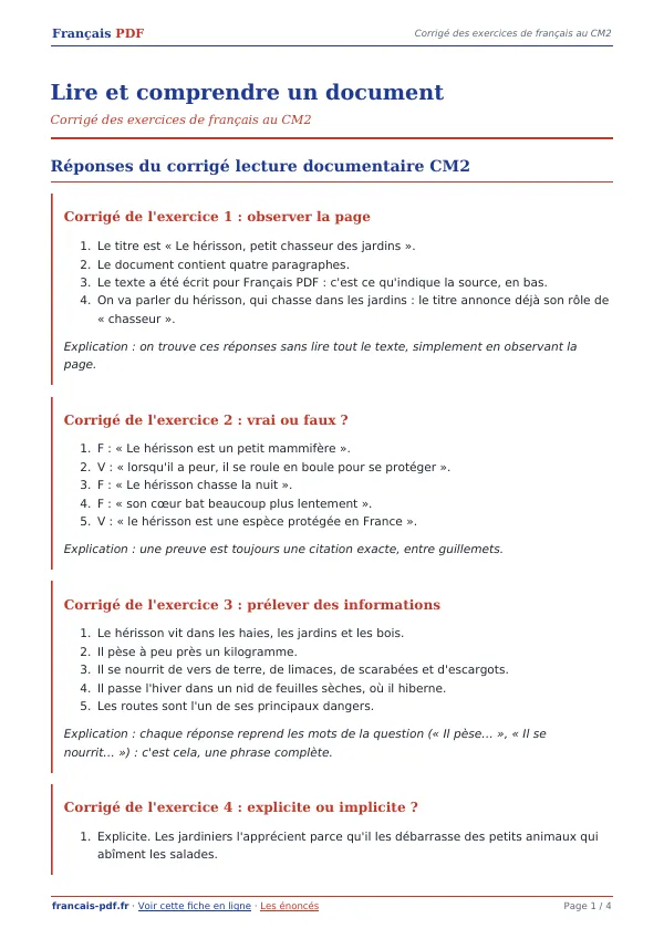 Corrigé « Lire et comprendre un document » en PDF
