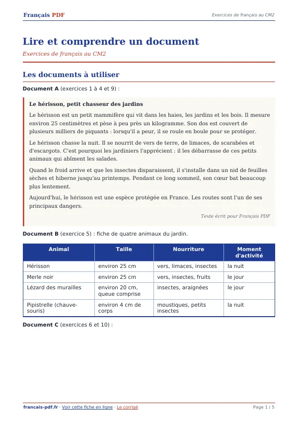 Exercices « Lire et comprendre un document » en PDF
