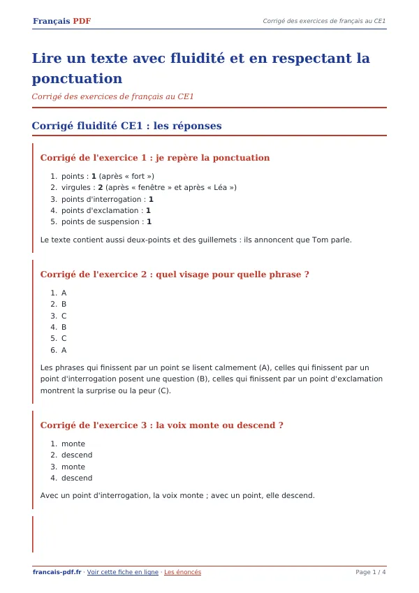 Corrigé « Lire un texte avec fluidité et en respectant la ponctuation » en PDF