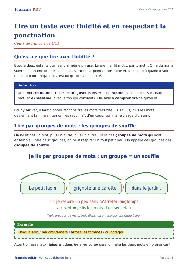 Cours « Lire un texte avec fluidité et en respectant la ponctuation » en PDF