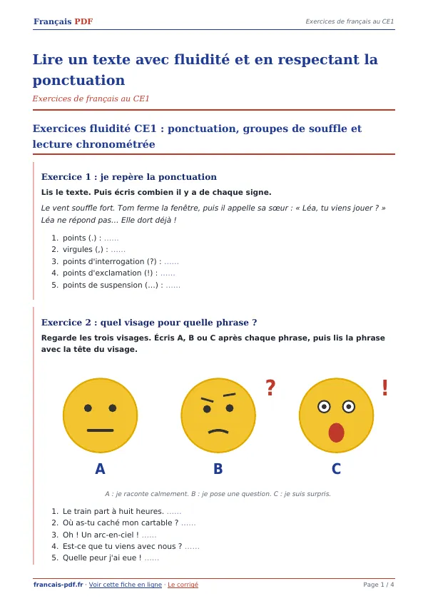 Exercices « Lire un texte avec fluidité et en respectant la ponctuation » en PDF