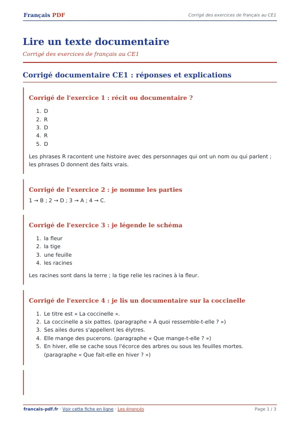 Corrigé « Lire un texte documentaire » en PDF