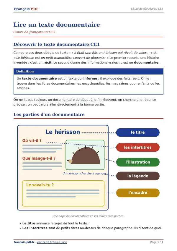 Cours « Lire un texte documentaire » en PDF