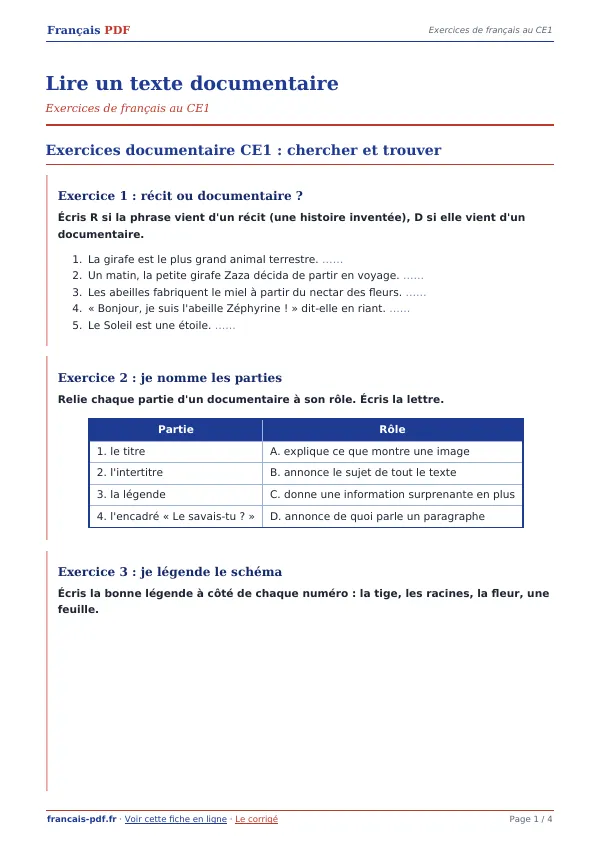 Exercices « Lire un texte documentaire » en PDF