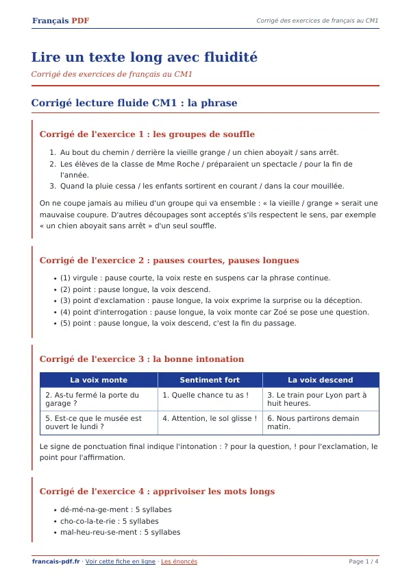 Corrigé « Lire un texte long avec fluidité » en PDF