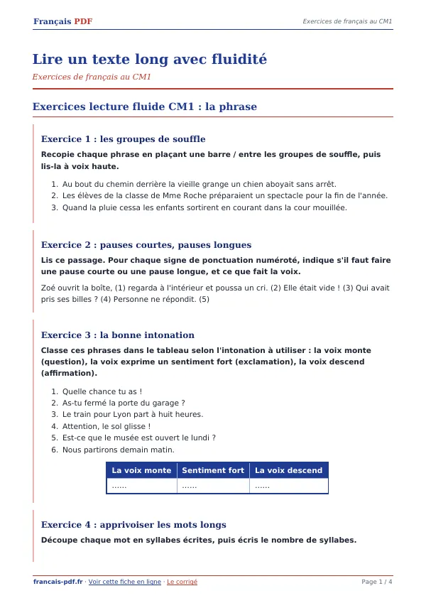 Exercices « Lire un texte long avec fluidité » en PDF